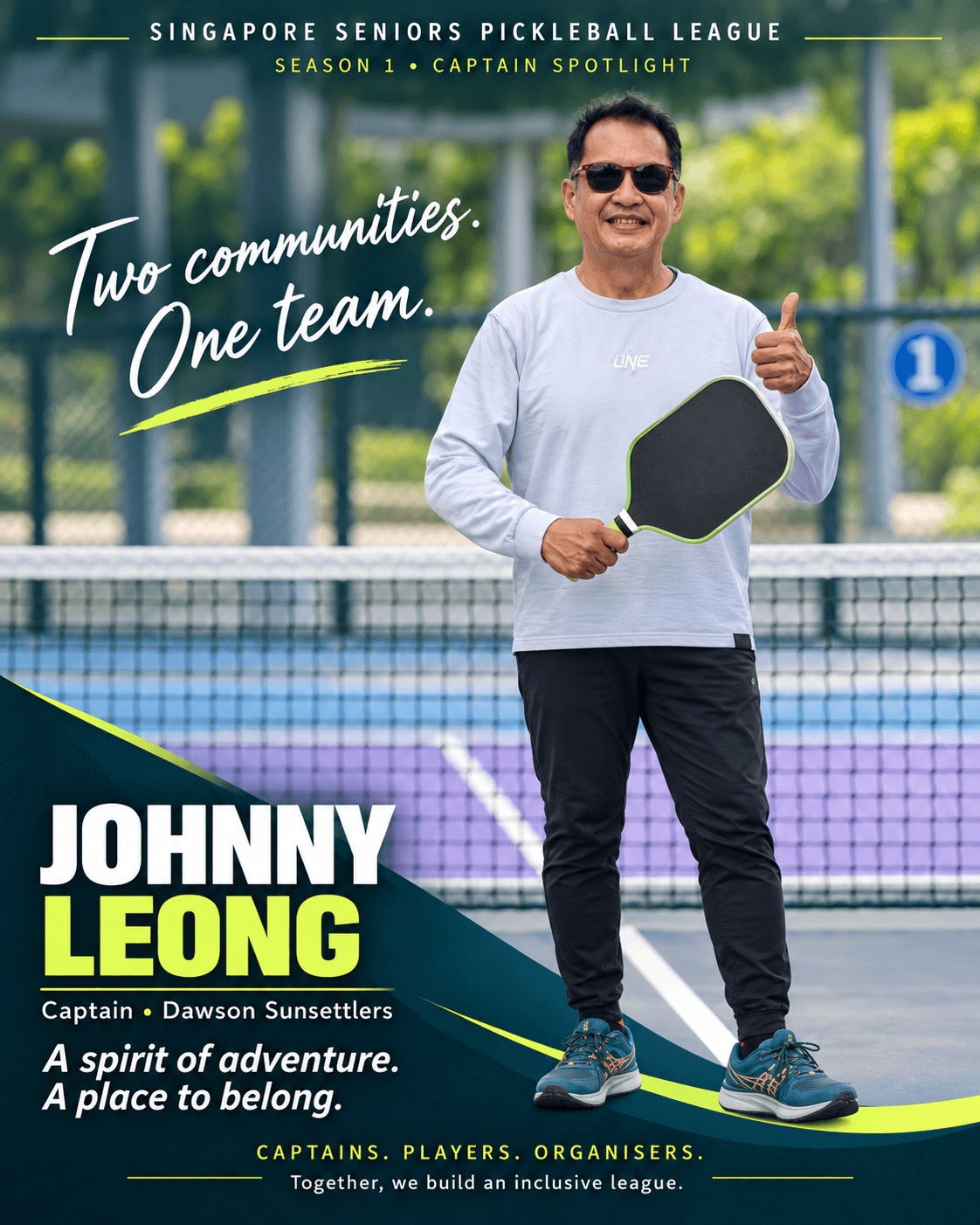 Johnny Leong, captain of Dawson Sunsettlers, gives a thumbs up on court, paddle in hand.