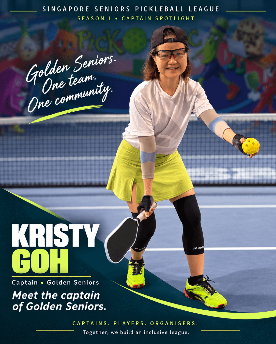 Kristy Goh, captain of Golden Seniors, prepares to serve, paddle and ball in hand.