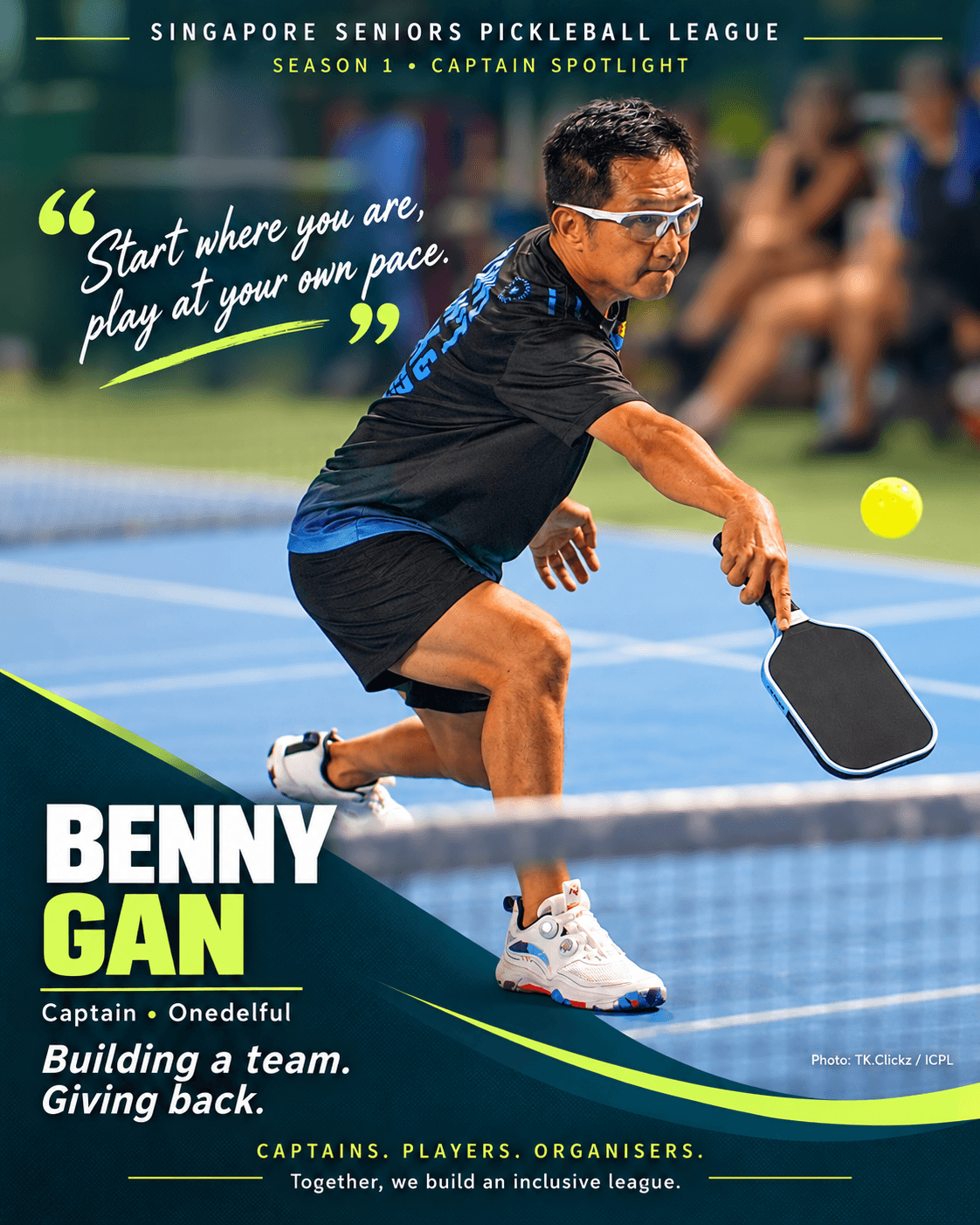 Benny Gan, captain of Onedelful, lunges to return a ball at the net during a match.