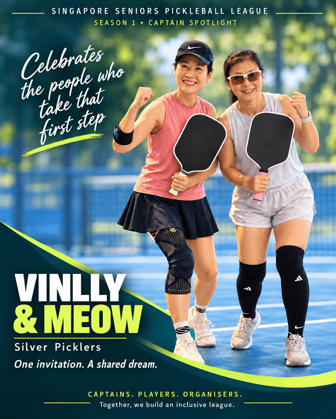 Vinlly and Meow, co-captains of Silver Picklers, pump their fists together on an outdoor court, paddles in hand.