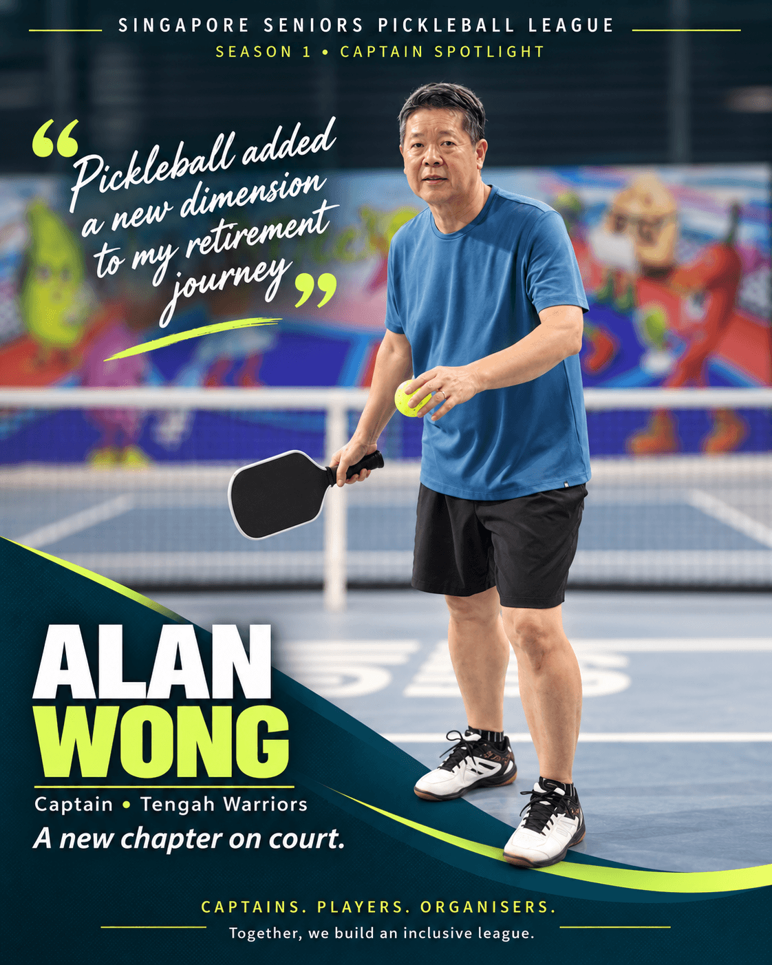Alan Wong, captain of Tengah Warriors, prepares to serve on an indoor pickleball court.