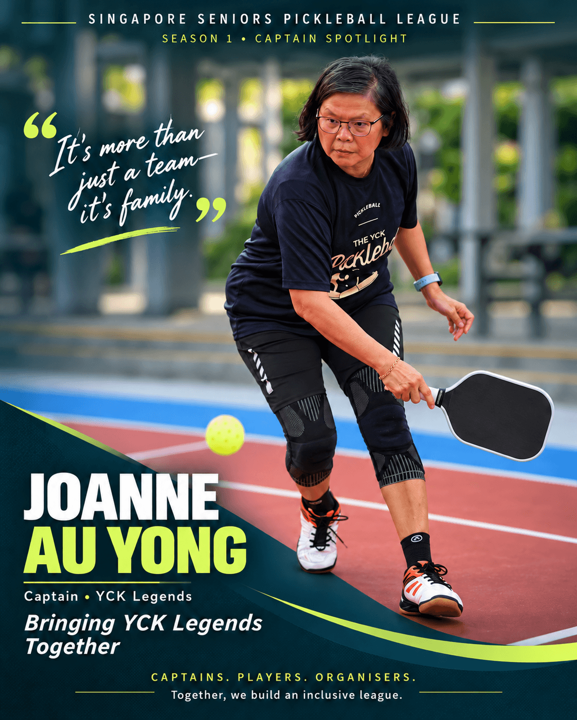 Joanne Au Yong, captain of YCK Legends, mid-swing returning a low ball on an outdoor court.
