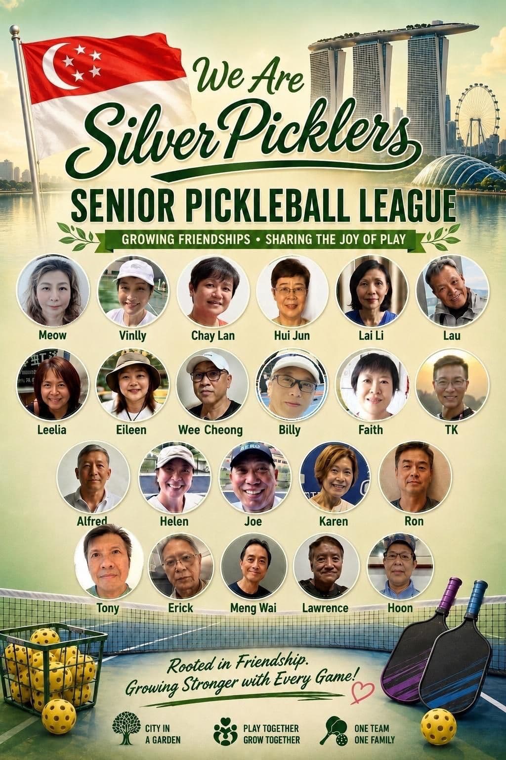 Silver Picklers team poster with 22 senior pickleball players.