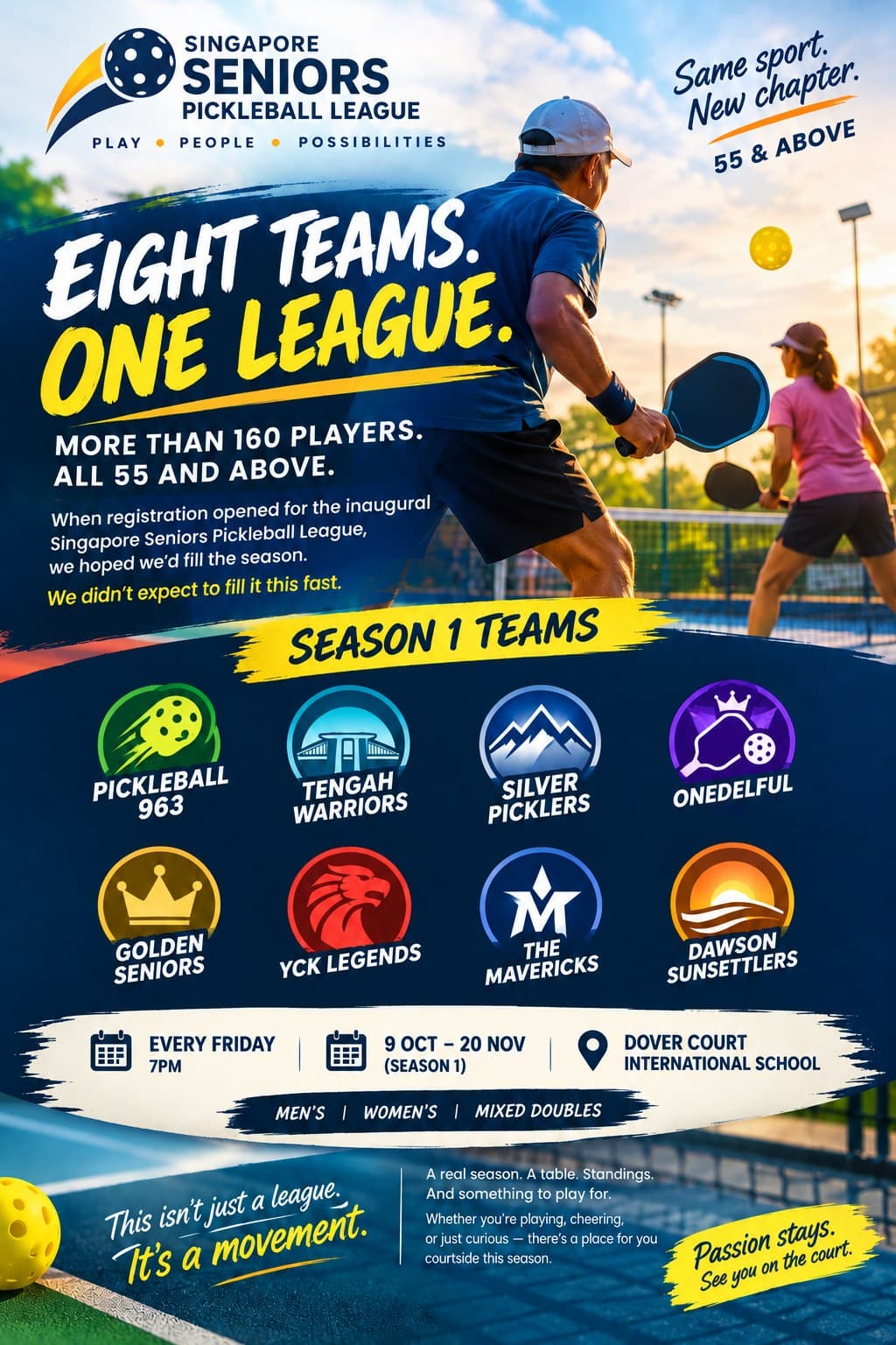 Season 1 Teams poster for the Singapore Seniors Pickleball League, with logos for all eight teams.